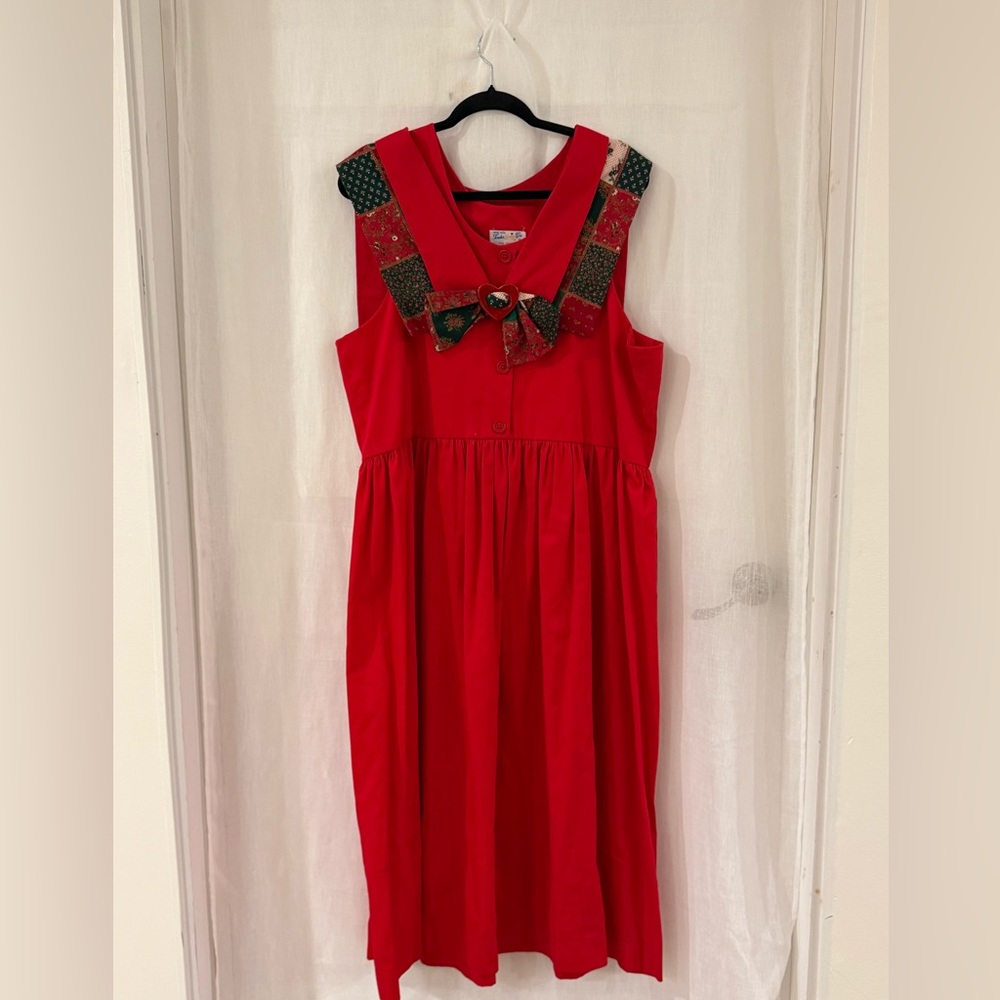 Vintage Handmade Red Dress Patchwork Bow Heart Cottagecore Prairie